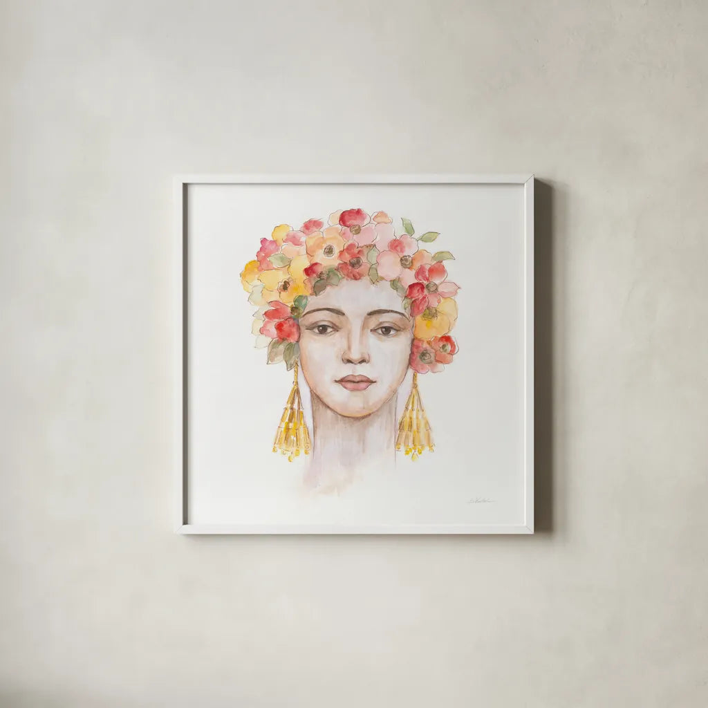 International Woman IV by Silvia Vassileva. Shown in a crisp white glass frame for a clean and minimalist style. Available as an archival giclee rolled canvas, fine art paper, or poster print. SKU 65246a.