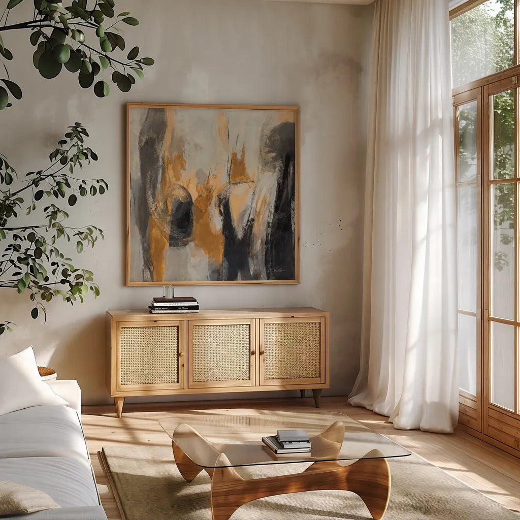 Invisible Knots by Silvia Vassileva. Shown in a natural wood frame in a cozy modern living room. Available as an archival giclee rolled canvas, fine art paper, or poster print. SKU 82440a.