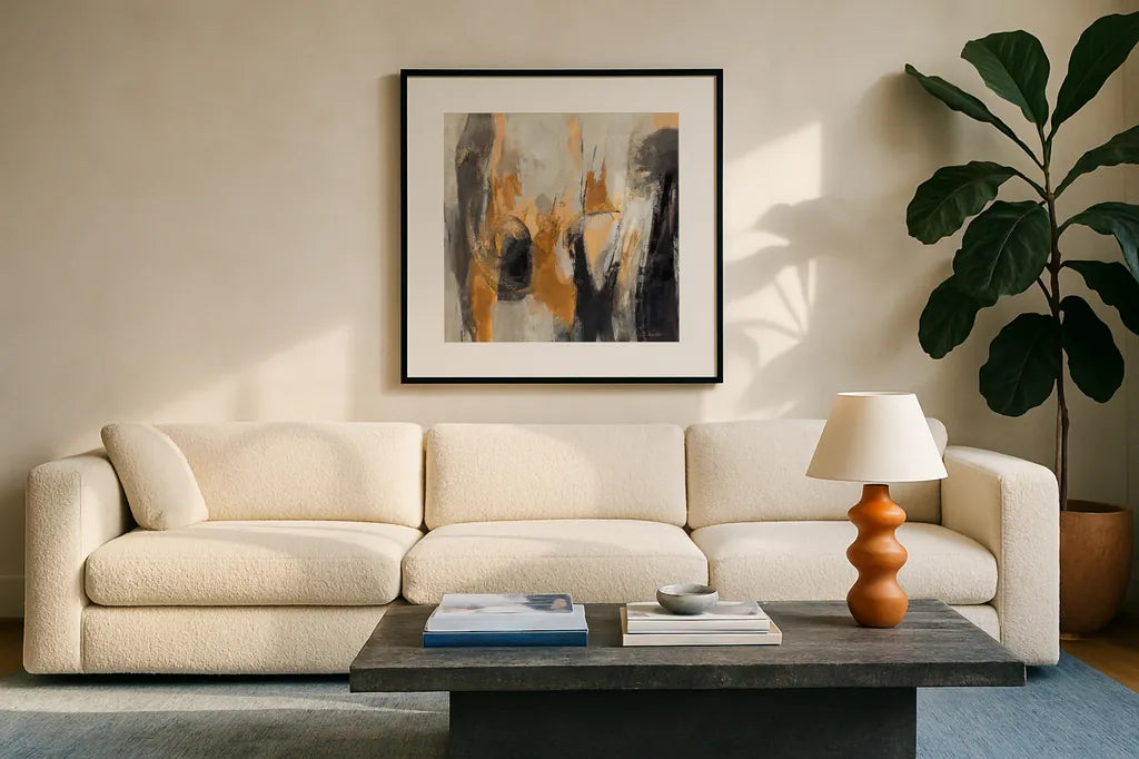Invisible Knots by Silvia Vassileva. Displayed in a glass frame with matte in a clean modern living room. Available as an archival giclee rolled canvas, fine art paper, or poster print. SKU 82440a.