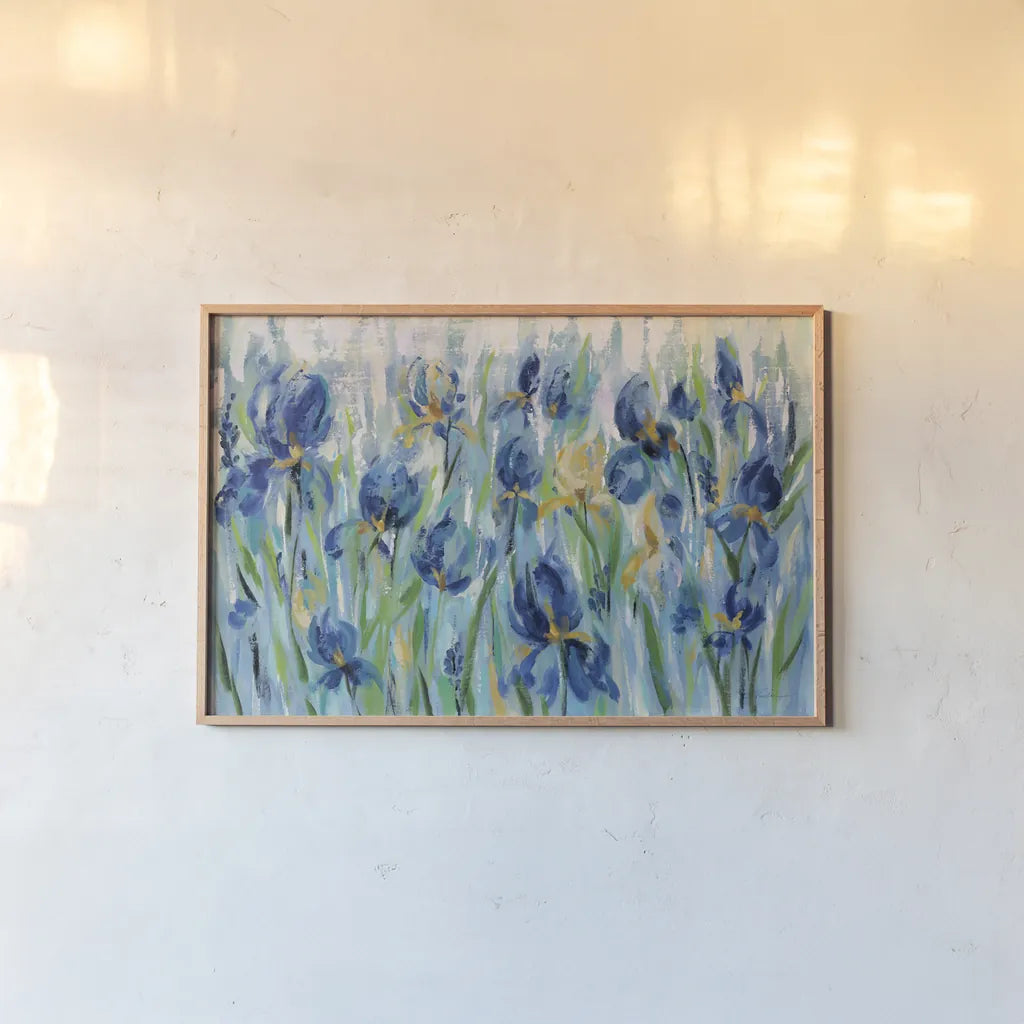 Iris Flower Bed by Silvia Vassileva. shown as a paper print in a natural frame. Available as a archival giclee rolled canvas, fine art paper, or poster print. SKU 34107i.