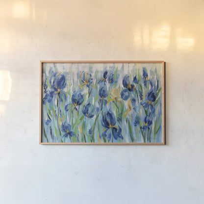 Iris Flower Bed by Silvia Vassileva. shown as a paper print in a natural frame. Available as a archival giclee rolled canvas, fine art paper, or poster print. SKU 34107i.