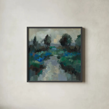 Iris Lake by Silvia Vassileva. Shown in a sleek black glass frame for a contemporary gallery look. Available as an archival giclee rolled canvas, fine art paper, or poster print. SKU 100090a.