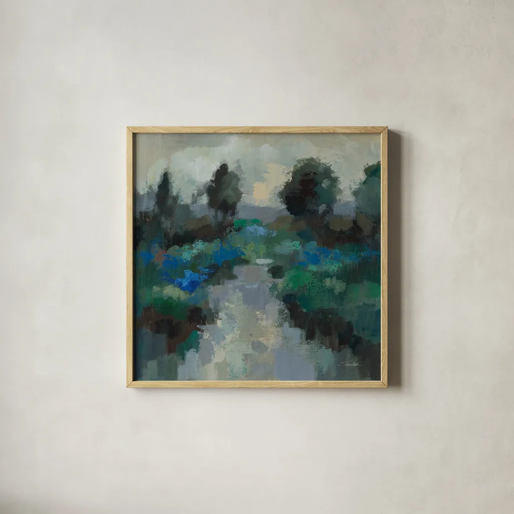 Iris Lake by Silvia Vassileva. Shown in a natural wood glass frame for a timeless modern aesthetic. Available as an archival giclee rolled canvas, fine art paper, or poster print. SKU 100090a.