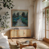 Iris Lake by Silvia Vassileva. Shown in a natural wood frame in a cozy modern living room. Available as an archival giclee rolled canvas, fine art paper, or poster print. SKU 100090a.