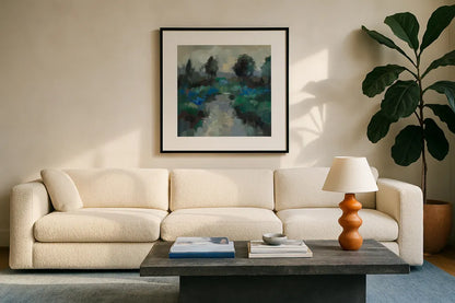 Iris Lake by Silvia Vassileva. Displayed in a glass frame with matte in a clean modern living room. Available as an archival giclee rolled canvas, fine art paper, or poster print. SKU 100090a.