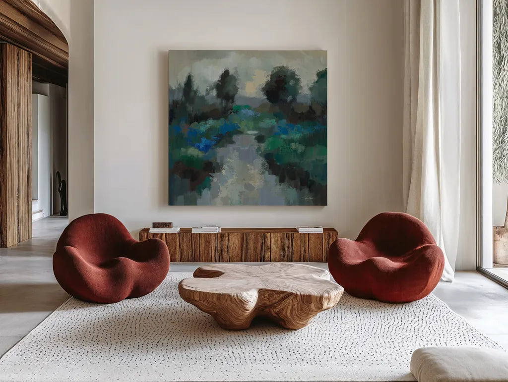 Iris Lake by Silvia Vassileva. Shown as extra-large giant wall art in a modern living room. Available as an archival giclee rolled canvas, fine art paper, or poster print. SKU 100090a.