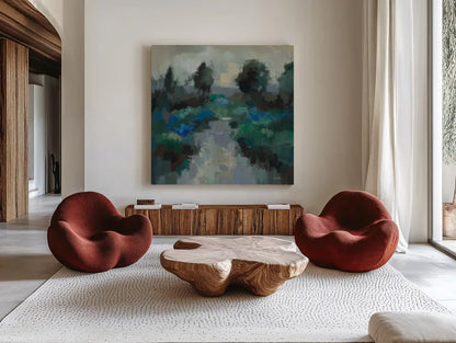 Iris Lake by Silvia Vassileva. Shown as extra-large giant wall art in a modern living room. Available as an archival giclee rolled canvas, fine art paper, or poster print. SKU 100090a.
