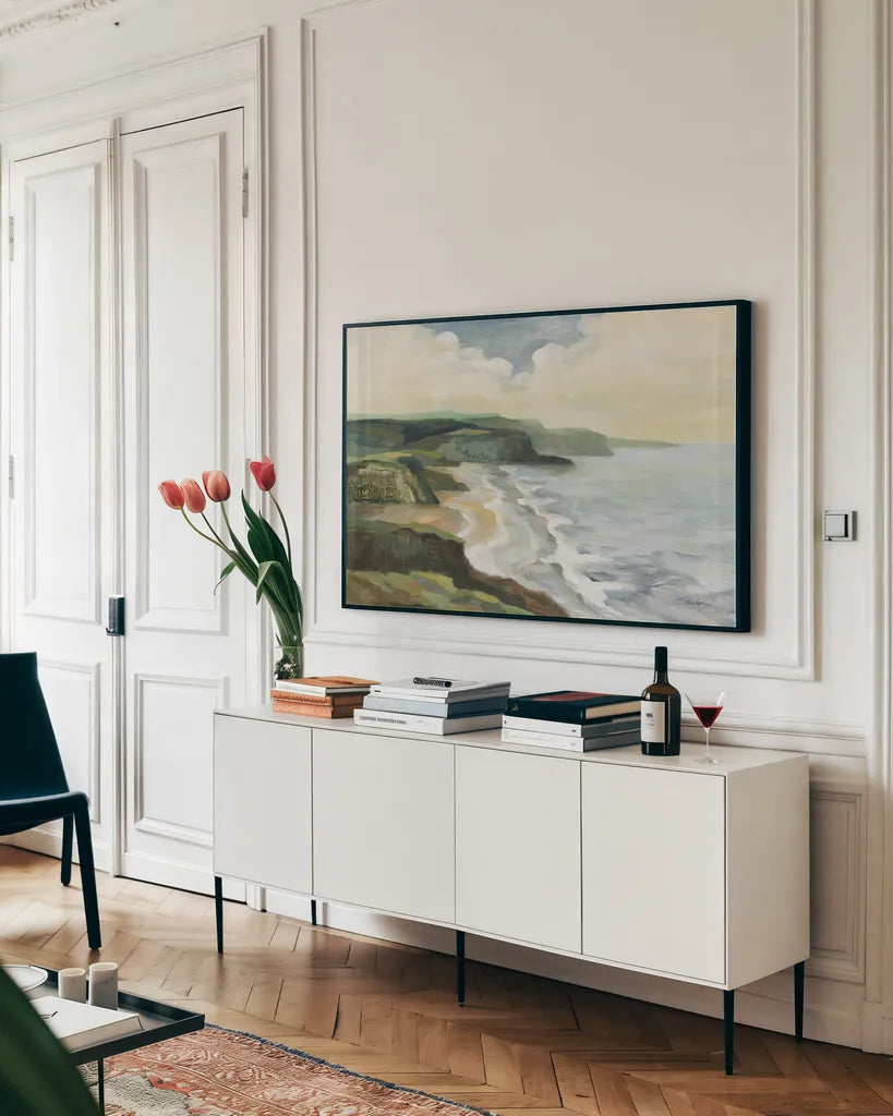 Irish Coast by Silvia Vassileva. shown as a framed stretched canvas in a living room above a console. Available as a archival giclee rolled canvas, fine art paper, or poster print. SKU 86935i.