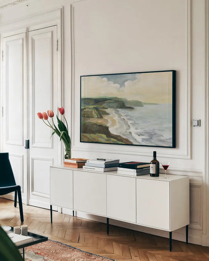 Irish Coast by Silvia Vassileva. shown as a framed stretched canvas in a living room above a console. Available as a archival giclee rolled canvas, fine art paper, or poster print. SKU 86935i.