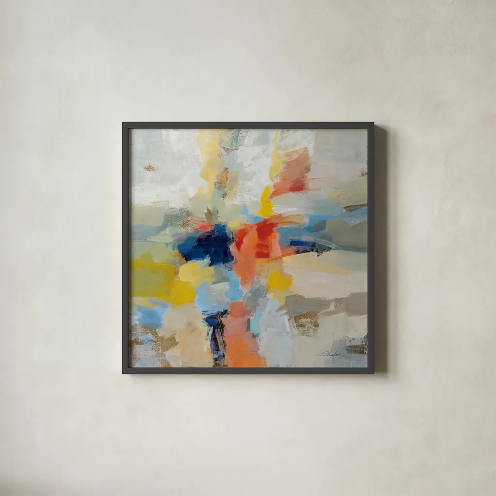 Island Fiesta by Silvia Vassileva. Shown in a sleek black glass frame for a contemporary gallery look. Available as an archival giclee rolled canvas, fine art paper, or poster print. SKU 80522a.