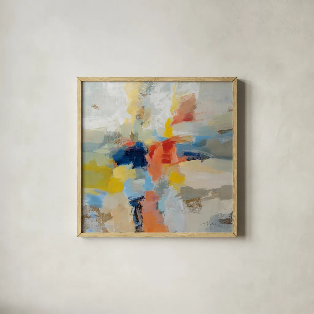 Island Fiesta by Silvia Vassileva. Shown in a natural wood glass frame for a timeless modern aesthetic. Available as an archival giclee rolled canvas, fine art paper, or poster print. SKU 80522a.