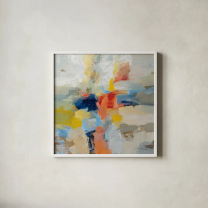 Island Fiesta by Silvia Vassileva. Shown in a crisp white glass frame for a clean and minimalist style. Available as an archival giclee rolled canvas, fine art paper, or poster print. SKU 80522a.