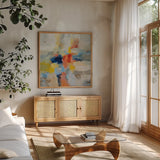 Island Fiesta by Silvia Vassileva. Shown in a natural wood frame in a cozy modern living room. Available as an archival giclee rolled canvas, fine art paper, or poster print. SKU 80522a.