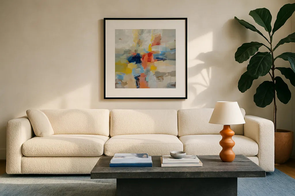 Island Fiesta by Silvia Vassileva. Displayed in a glass frame with matte in a clean modern living room. Available as an archival giclee rolled canvas, fine art paper, or poster print. SKU 80522a.