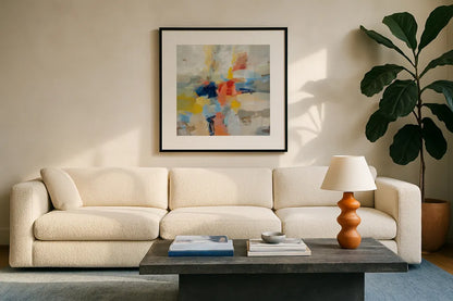 Island Fiesta by Silvia Vassileva. Displayed in a glass frame with matte in a clean modern living room. Available as an archival giclee rolled canvas, fine art paper, or poster print. SKU 80522a.