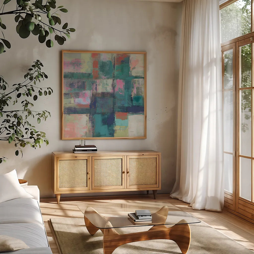 Island Hues I Crop Bright by Silvia Vassileva. Shown in a natural wood frame in a cozy modern living room. Available as an archival giclee rolled canvas, fine art paper, or poster print. SKU 33621a.