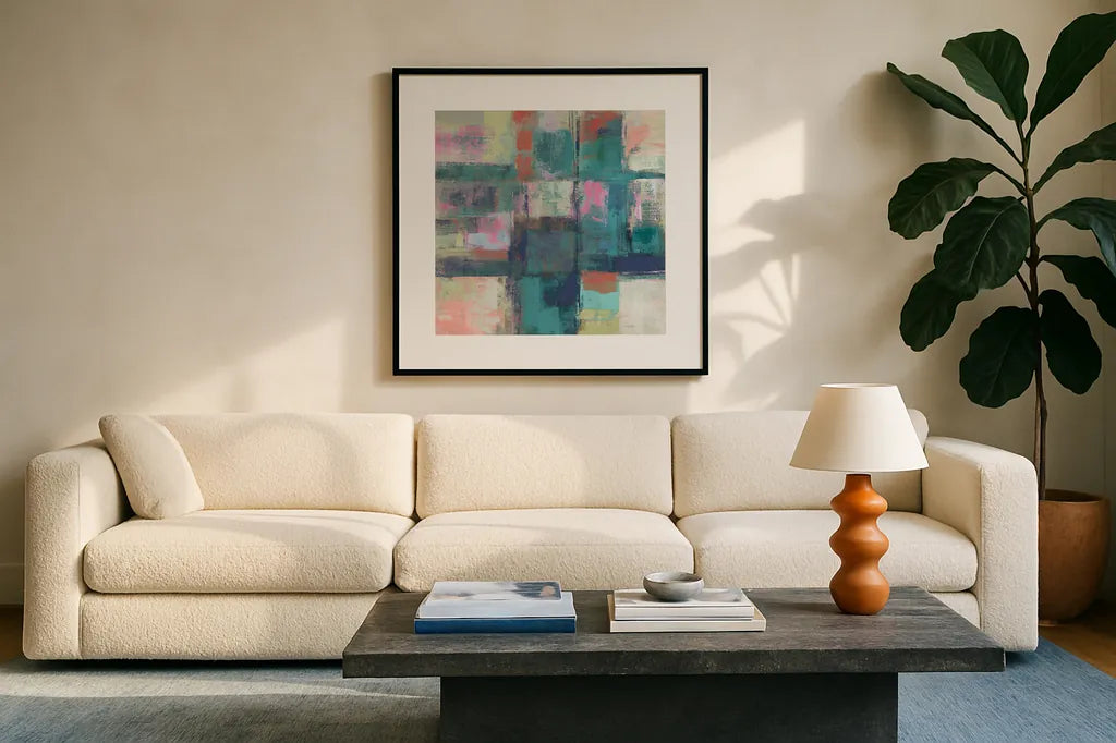 Island Hues I Crop Bright by Silvia Vassileva. Displayed in a glass frame with matte in a clean modern living room. Available as an archival giclee rolled canvas, fine art paper, or poster print. SKU 33621a.