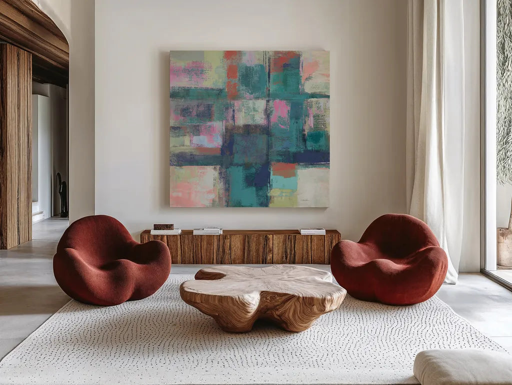 Island Hues I Crop Bright by Silvia Vassileva. Shown as extra-large giant wall art in a modern living room. Available as an archival giclee rolled canvas, fine art paper, or poster print. SKU 33621a.