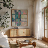 Island Hues II Crop Bright by Silvia Vassileva. Shown in a natural wood frame in a cozy modern living room. Available as an archival giclee rolled canvas, fine art paper, or poster print. SKU 33622a.