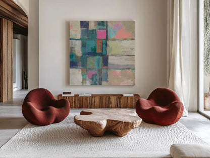 Island Hues II Crop Bright by Silvia Vassileva. Shown as extra-large giant wall art in a modern living room. Available as an archival giclee rolled canvas, fine art paper, or poster print. SKU 33622a.