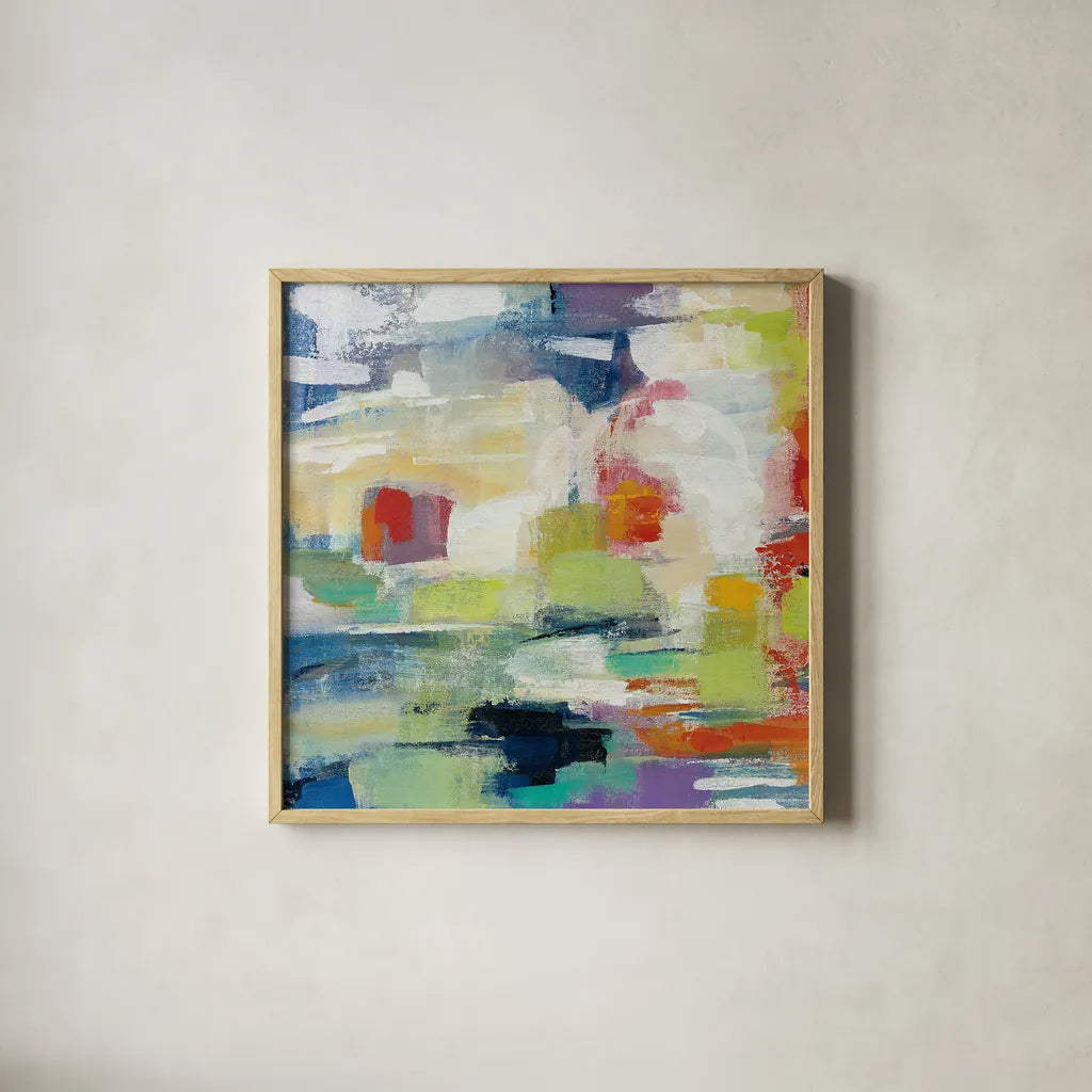 Island Town II by Silvia Vassileva. Shown in a natural wood glass frame for a timeless modern aesthetic. Available as an archival giclee rolled canvas, fine art paper, or poster print. SKU 26481a.