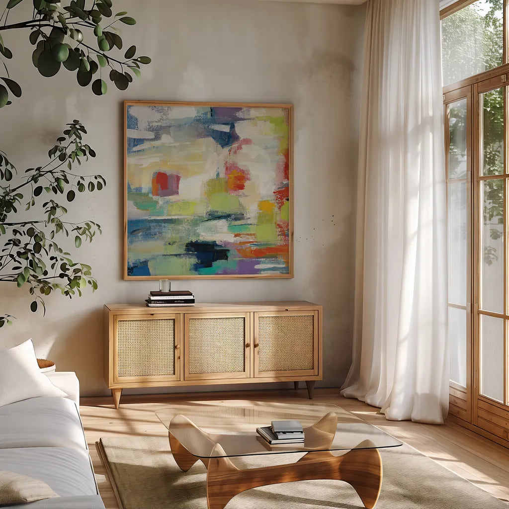 Island Town II by Silvia Vassileva. Shown in a natural wood frame in a cozy modern living room. Available as an archival giclee rolled canvas, fine art paper, or poster print. SKU 26481a.