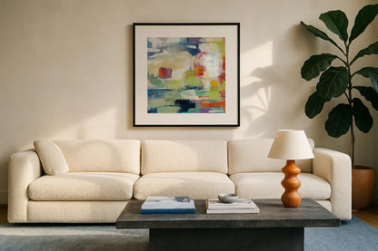 Island Town II by Silvia Vassileva. Displayed in a glass frame with matte in a clean modern living room. Available as an archival giclee rolled canvas, fine art paper, or poster print. SKU 26481a.