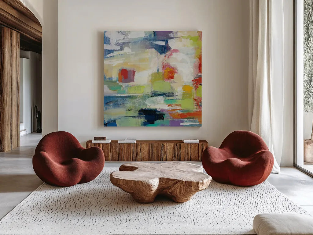 Island Town II by Silvia Vassileva. Shown as extra-large giant wall art in a modern living room. Available as an archival giclee rolled canvas, fine art paper, or poster print. SKU 26481a.