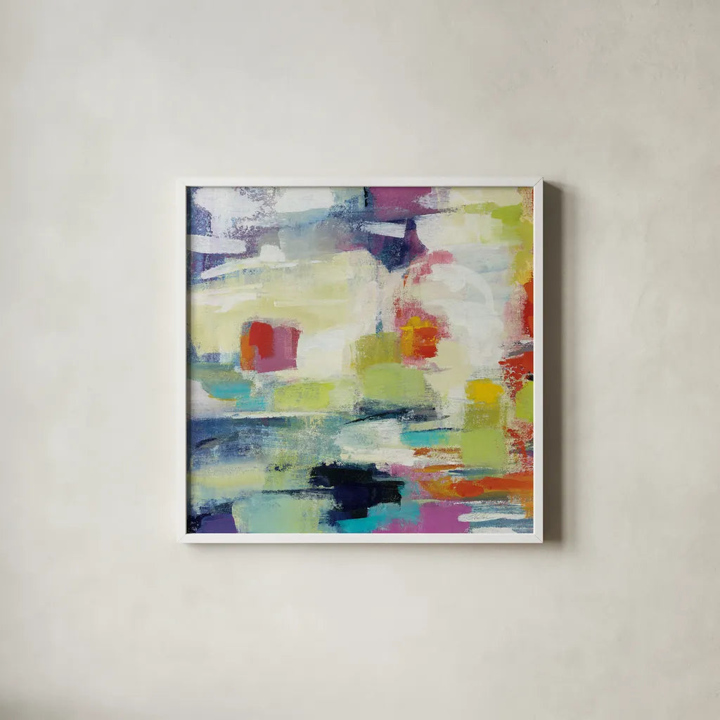 Island Town II Bright by Silvia Vassileva. Shown in a crisp white glass frame for a clean and minimalist style. Available as an archival giclee rolled canvas, fine art paper, or poster print. SKU 64569a.