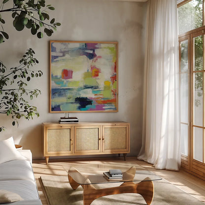 Island Town II Bright by Silvia Vassileva. Shown in a natural wood frame in a cozy modern living room. Available as an archival giclee rolled canvas, fine art paper, or poster print. SKU 64569a.