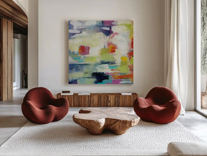 Island Town II Bright by Silvia Vassileva. Shown as extra-large giant wall art in a modern living room. Available as an archival giclee rolled canvas, fine art paper, or poster print. SKU 64569a.