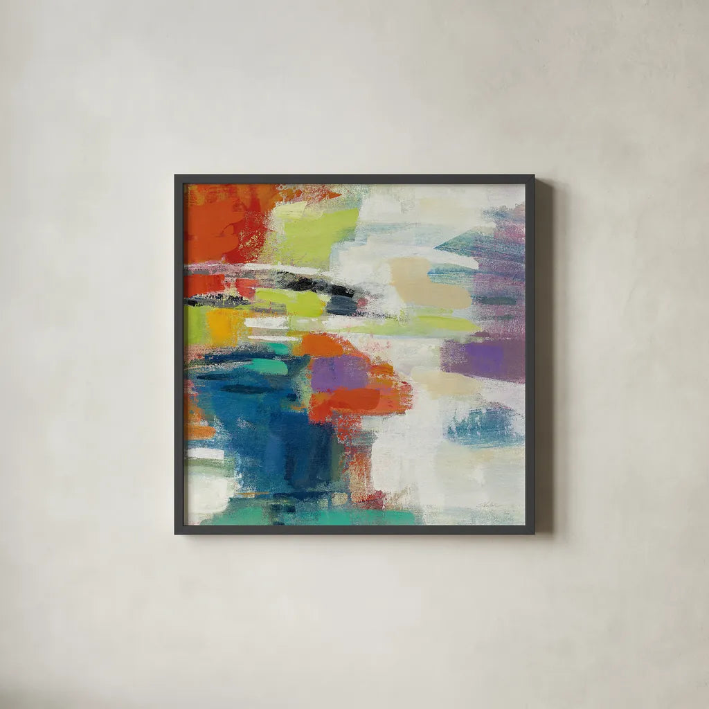 Island Town III by Silvia Vassileva. Shown in a sleek black glass frame for a contemporary gallery look. Available as an archival giclee rolled canvas, fine art paper, or poster print. SKU 26482a.