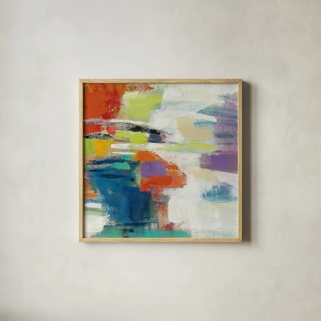 Island Town III by Silvia Vassileva. Shown in a natural wood glass frame for a timeless modern aesthetic. Available as an archival giclee rolled canvas, fine art paper, or poster print. SKU 26482a.