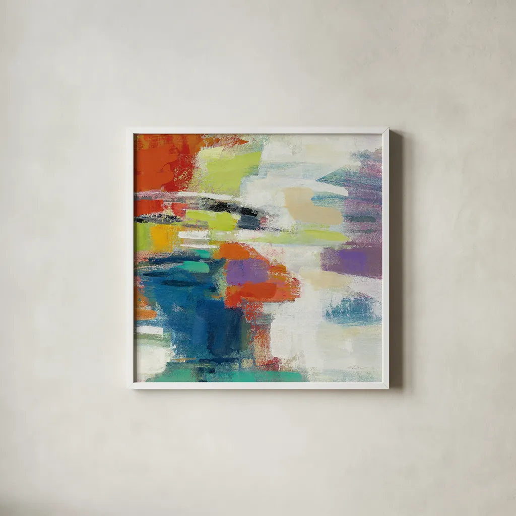 Island Town III by Silvia Vassileva. Shown in a crisp white glass frame for a clean and minimalist style. Available as an archival giclee rolled canvas, fine art paper, or poster print. SKU 26482a.