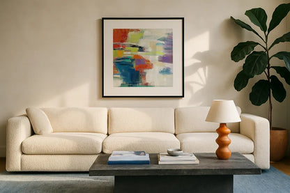 Island Town III by Silvia Vassileva. Displayed in a glass frame with matte in a clean modern living room. Available as an archival giclee rolled canvas, fine art paper, or poster print. SKU 26482a.