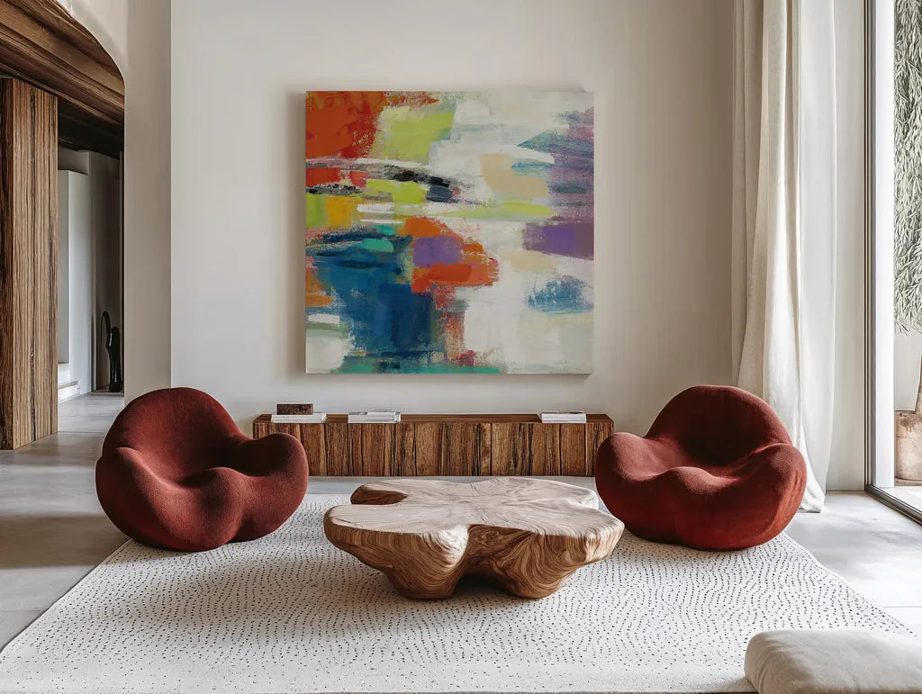 Island Town III by Silvia Vassileva. Shown as extra-large giant wall art in a modern living room. Available as an archival giclee rolled canvas, fine art paper, or poster print. SKU 26482a.