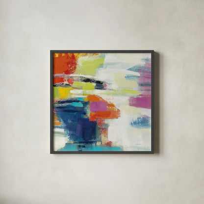 Island Town III Bright by Silvia Vassileva. Shown in a sleek black glass frame for a contemporary gallery look. Available as an archival giclee rolled canvas, fine art paper, or poster print. SKU 64570a.