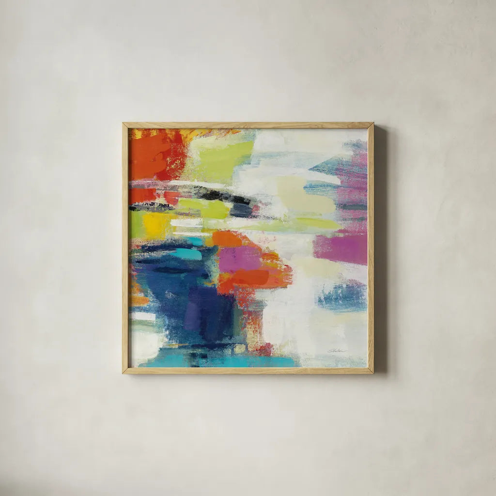 Island Town III Bright by Silvia Vassileva. Shown in a natural wood glass frame for a timeless modern aesthetic. Available as an archival giclee rolled canvas, fine art paper, or poster print. SKU 64570a.