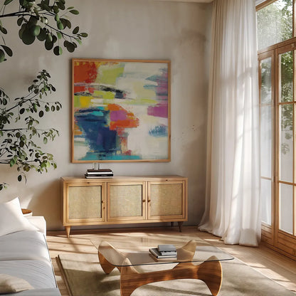 Island Town III Bright by Silvia Vassileva. Shown in a natural wood frame in a cozy modern living room. Available as an archival giclee rolled canvas, fine art paper, or poster print. SKU 64570a.