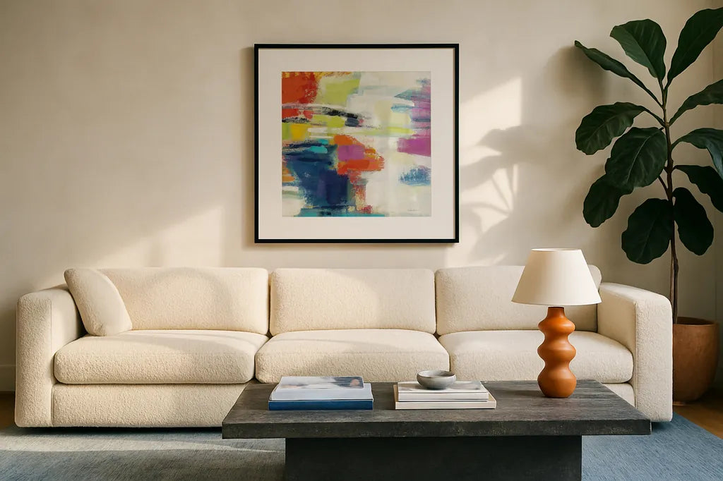 Island Town III Bright by Silvia Vassileva. Displayed in a glass frame with matte in a clean modern living room. Available as an archival giclee rolled canvas, fine art paper, or poster print. SKU 64570a.