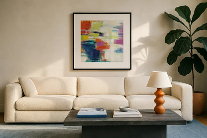 Island Town III Bright by Silvia Vassileva. Displayed in a glass frame with matte in a clean modern living room. Available as an archival giclee rolled canvas, fine art paper, or poster print. SKU 64570a.