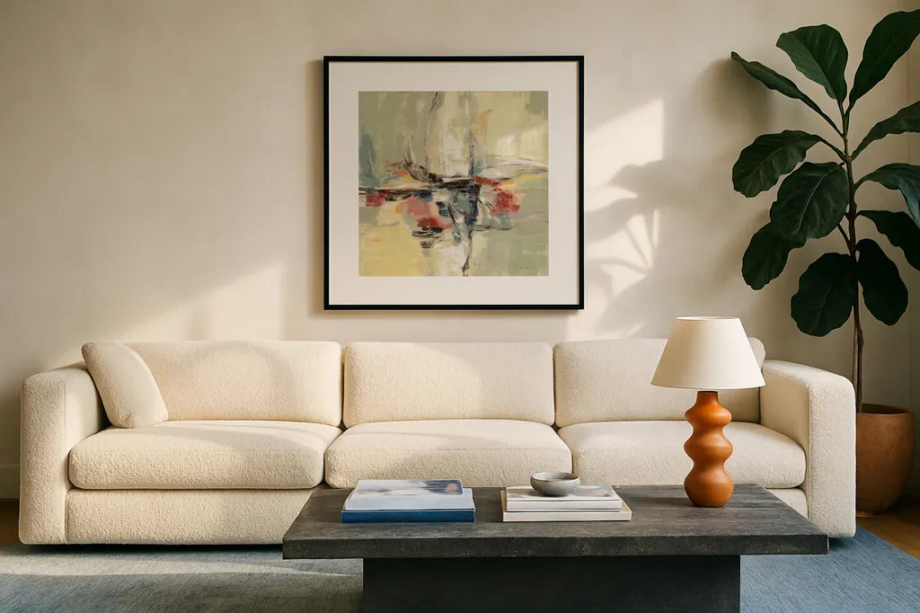 Island Vibe by Silvia Vassileva. Displayed in a glass frame with matte in a clean modern living room. Available as an archival giclee rolled canvas, fine art paper, or poster print. SKU 67914a.