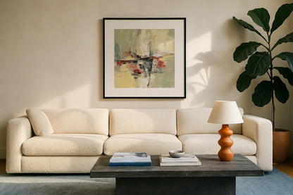 Island Vibe by Silvia Vassileva. Displayed in a glass frame with matte in a clean modern living room. Available as an archival giclee rolled canvas, fine art paper, or poster print. SKU 67914a.