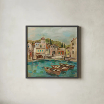 Italian Bay by Silvia Vassileva. Shown in a sleek black glass frame for a contemporary gallery look. Available as an archival giclee rolled canvas, fine art paper, or poster print. SKU 100770a.
