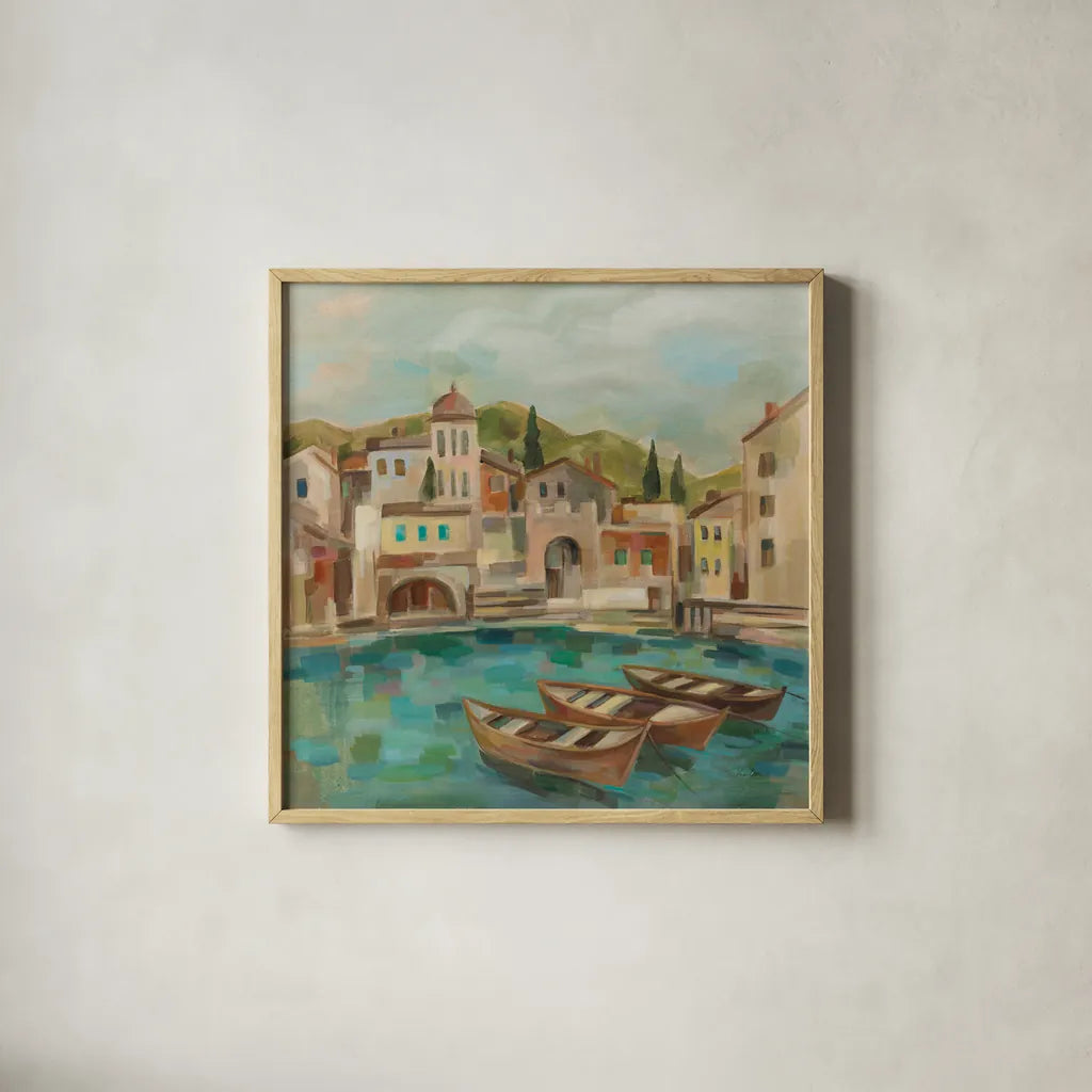 Italian Bay by Silvia Vassileva. Shown in a natural wood glass frame for a timeless modern aesthetic. Available as an archival giclee rolled canvas, fine art paper, or poster print. SKU 100770a.