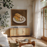 Italian Desserts III by Silvia Vassileva. Shown in a natural wood frame in a cozy modern living room. Available as an archival giclee rolled canvas, fine art paper, or poster print. SKU 103202a.