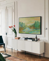 Jade Forest by Silvia Vassileva. shown as a framed stretched canvas in a living room above a console. Available as a archival giclee rolled canvas, fine art paper, or poster print. SKU 28108i.