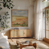 Jade Landscape by Silvia Vassileva. Shown in a natural wood frame in a cozy modern living room. Available as an archival giclee rolled canvas, fine art paper, or poster print. SKU 89036a.