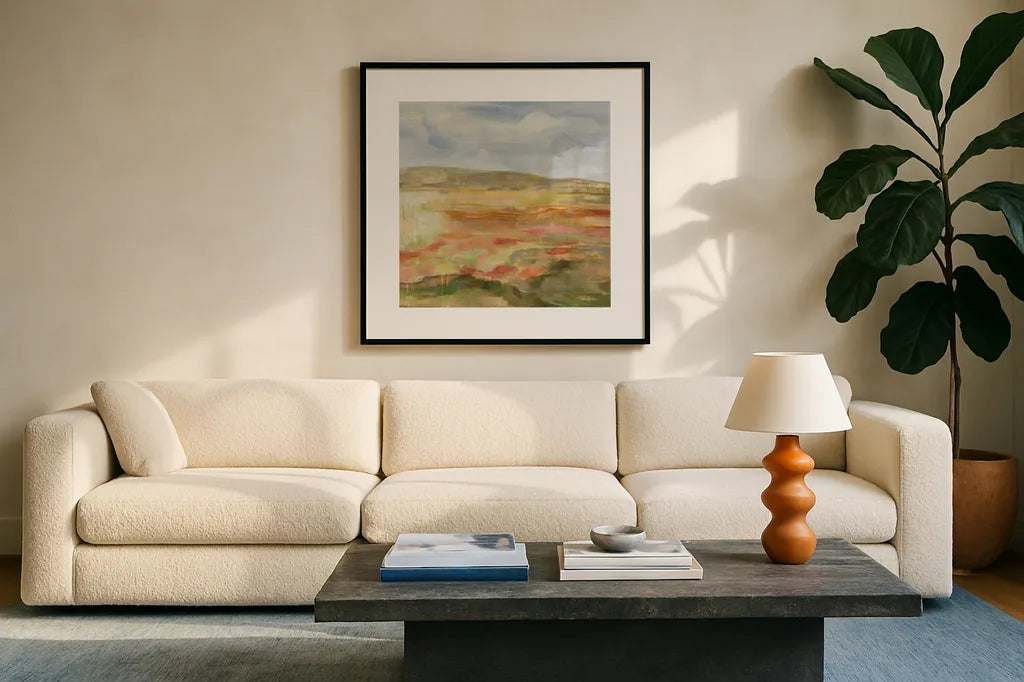 Jade Landscape by Silvia Vassileva. Displayed in a glass frame with matte in a clean modern living room. Available as an archival giclee rolled canvas, fine art paper, or poster print. SKU 89036a.