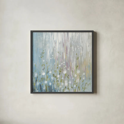 January Branches Blue Green by Silvia Vassileva. Shown in a sleek black glass frame for a contemporary gallery look. Available as an archival giclee rolled canvas, fine art paper, or poster print. SKU 48719a.